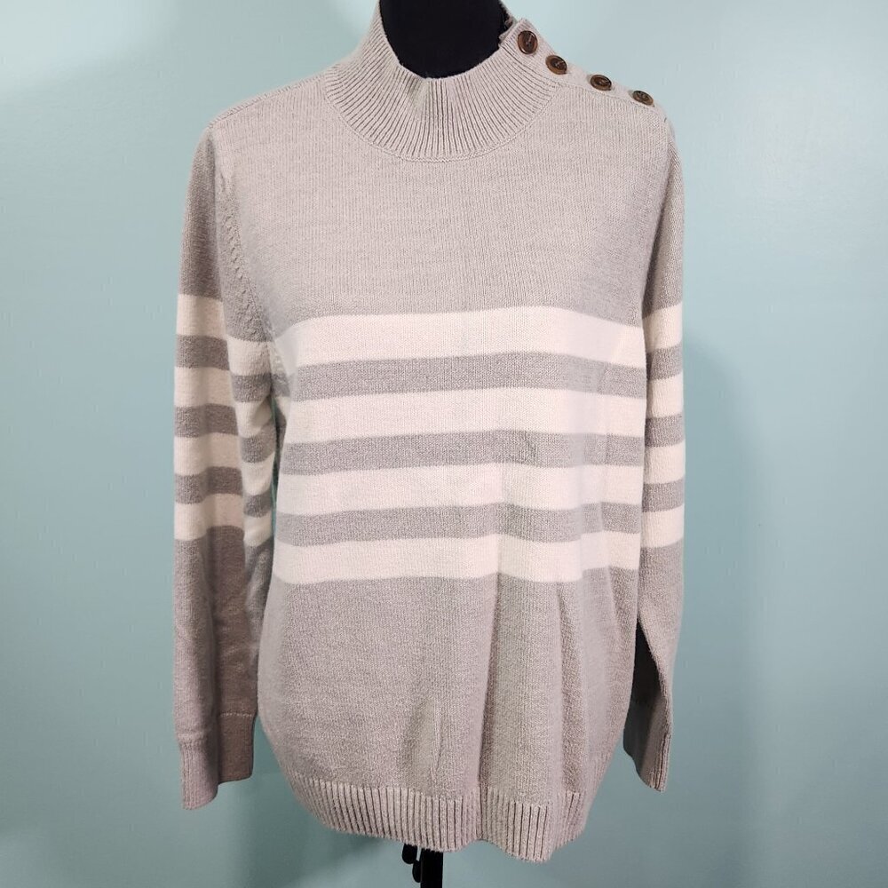 Candace Cameron Bure Striped Sweater with Button Detail Grey/Natural Lot E